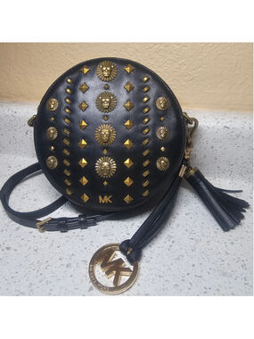 Michael Kors Black Leather Lion Studded Round Canteen Crossbody Bag